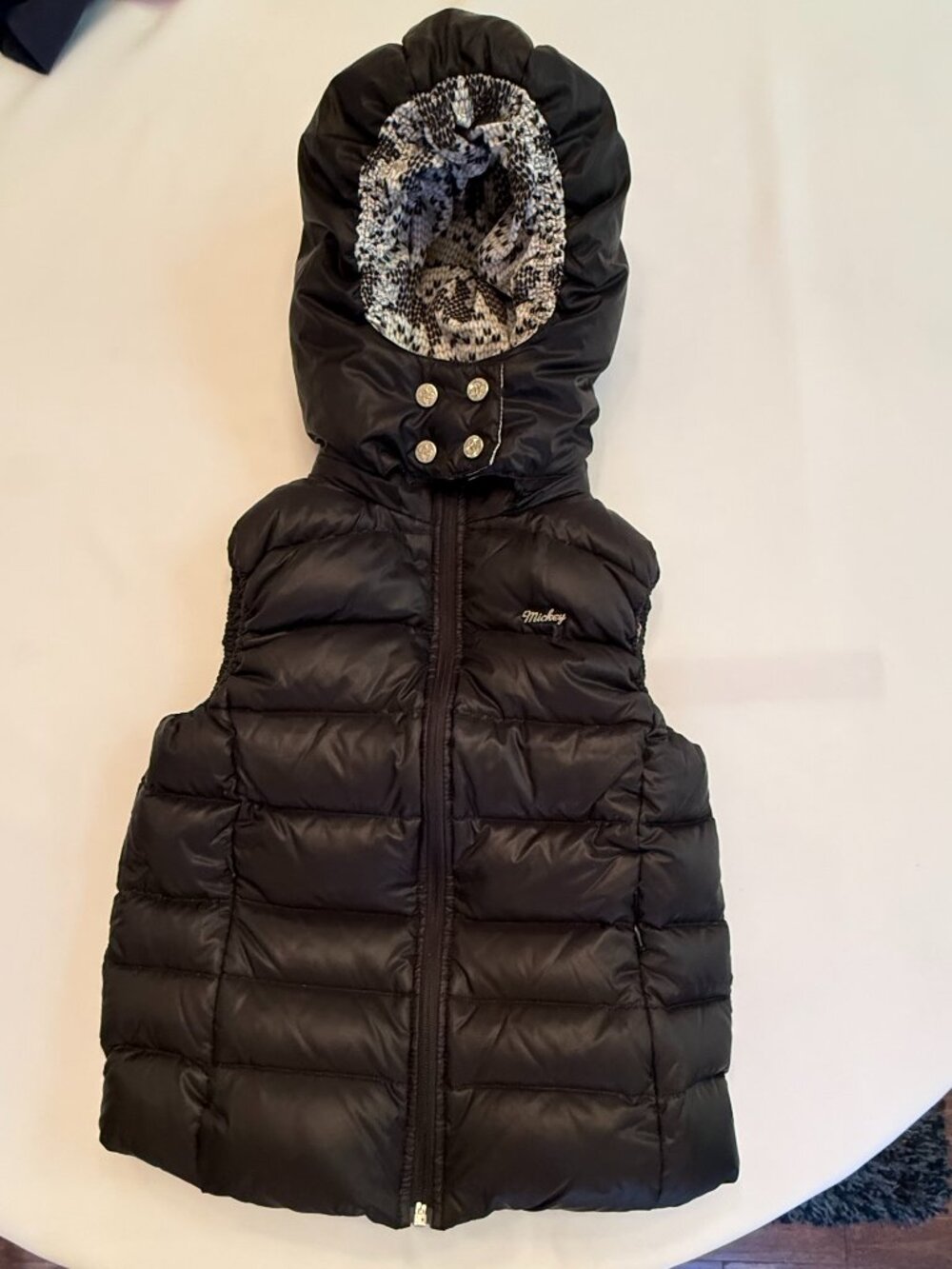 Disney Mickey Mouse Kids Approx 7-8 Down Black Puffer Vest Removable Hood 130/60